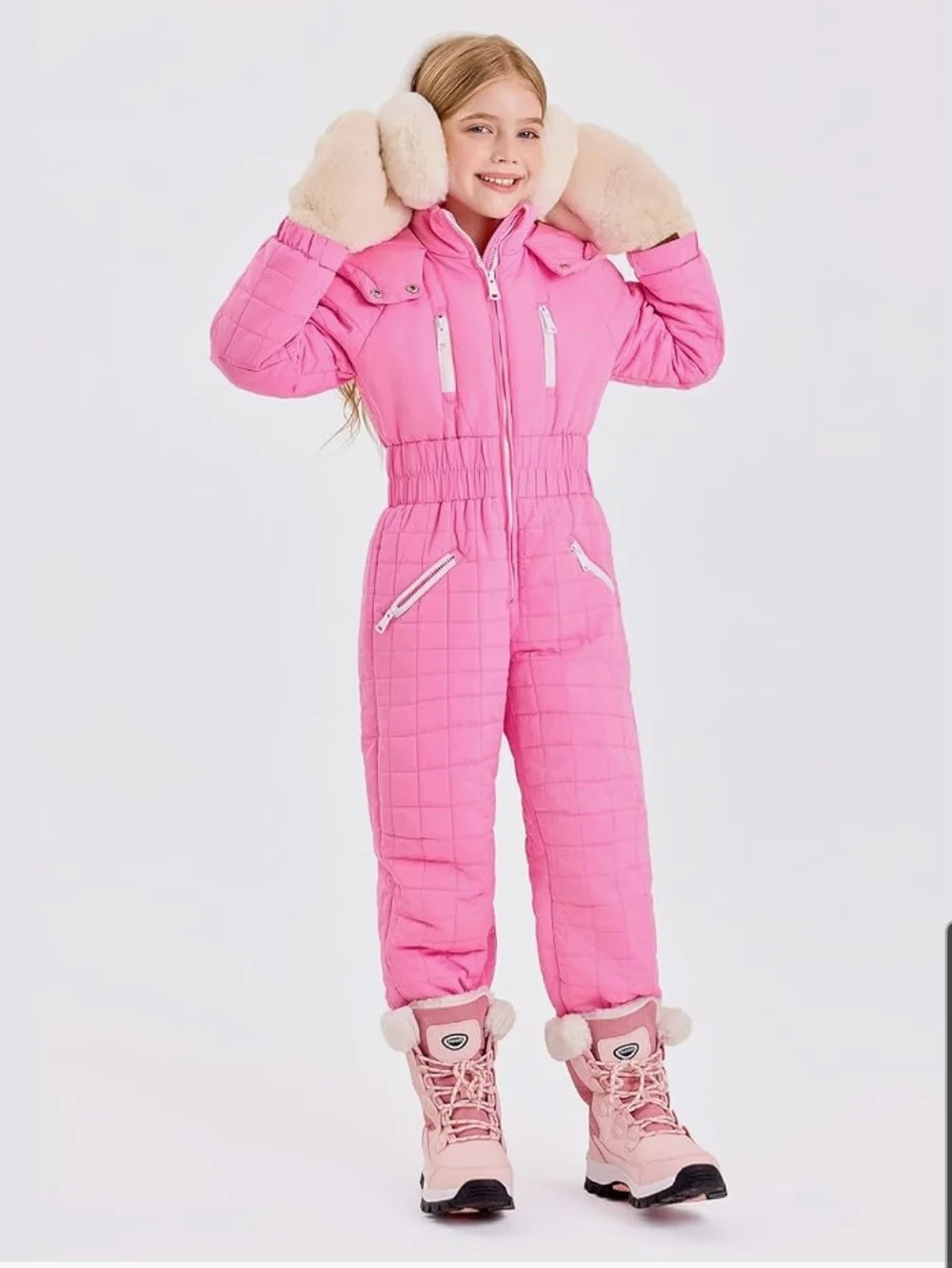 Girls' Pink Quilted Ski Snowsuit Romper with Zipper Pockets 9-10 Year Olds